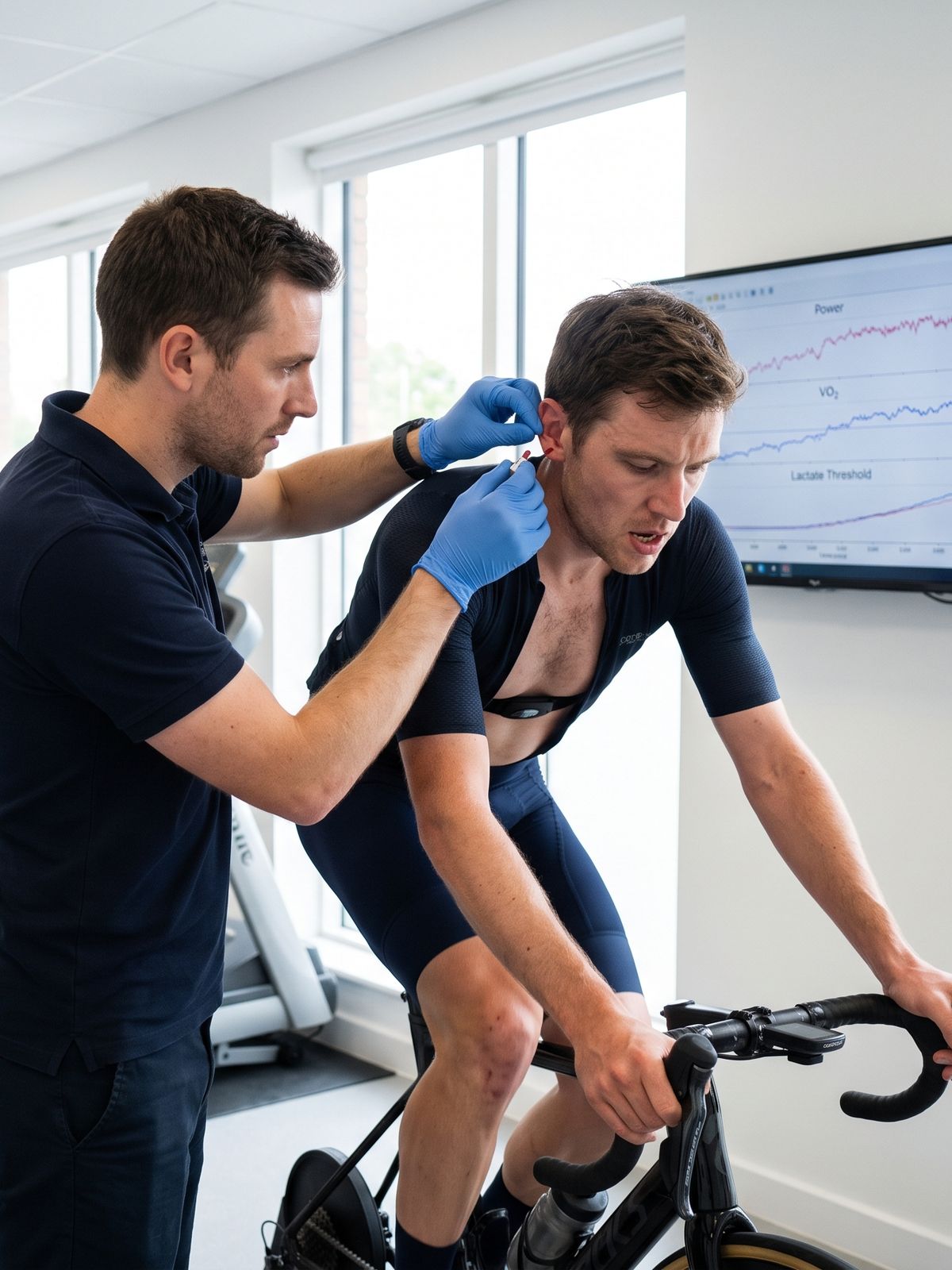 Tester taking an earlobe lactate sample from a cyclist during a lab step test