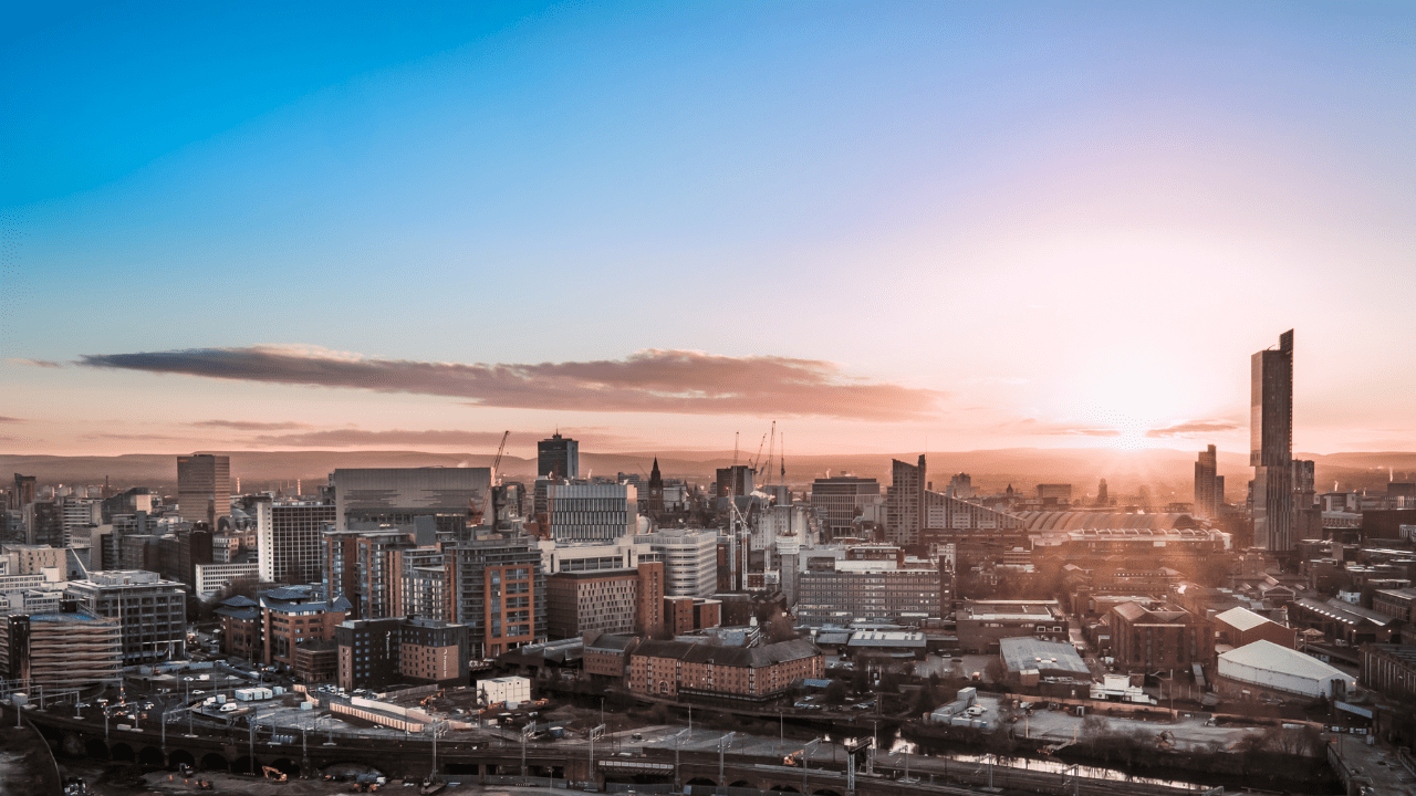 Manchester skyline at sunset