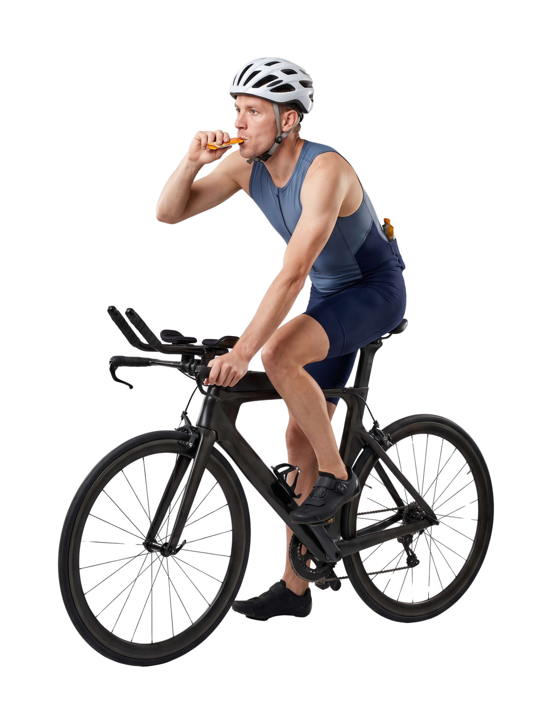Triathlete taking an energy gel while riding his TT bike