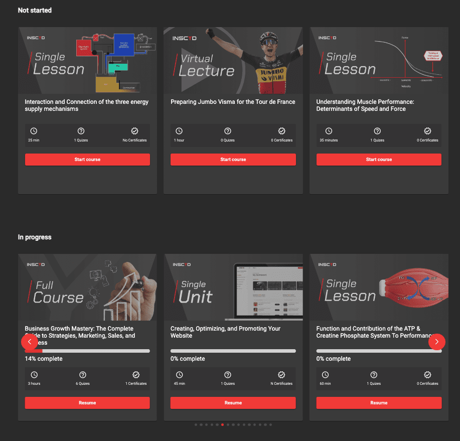 INSCYD College dashboard with courses in progress