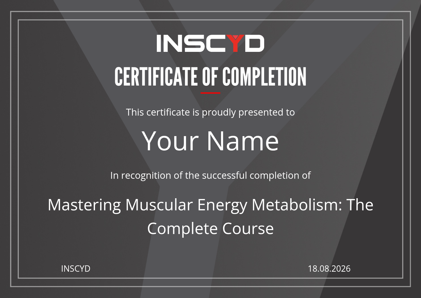 INSCYD certificate of completion for the course Mastering Muscular Energy Metabolism