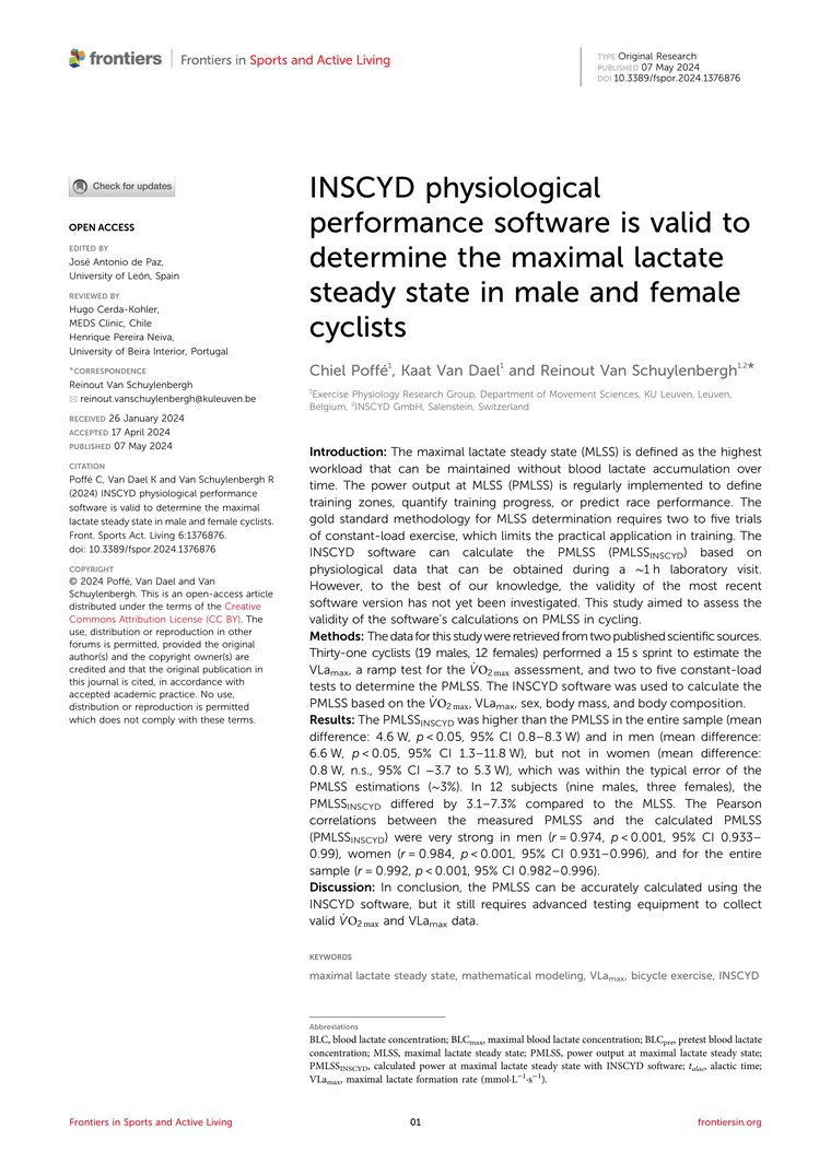 INSCYD is valid to determine the maximal lactate steady state in male and female cyclists
