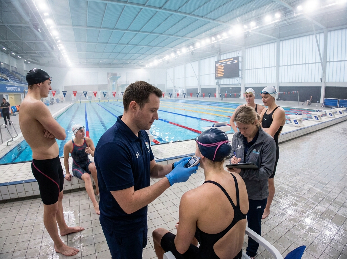 Sports scientist taking blood lactate samples from a group of elite swimmers at the pool edge