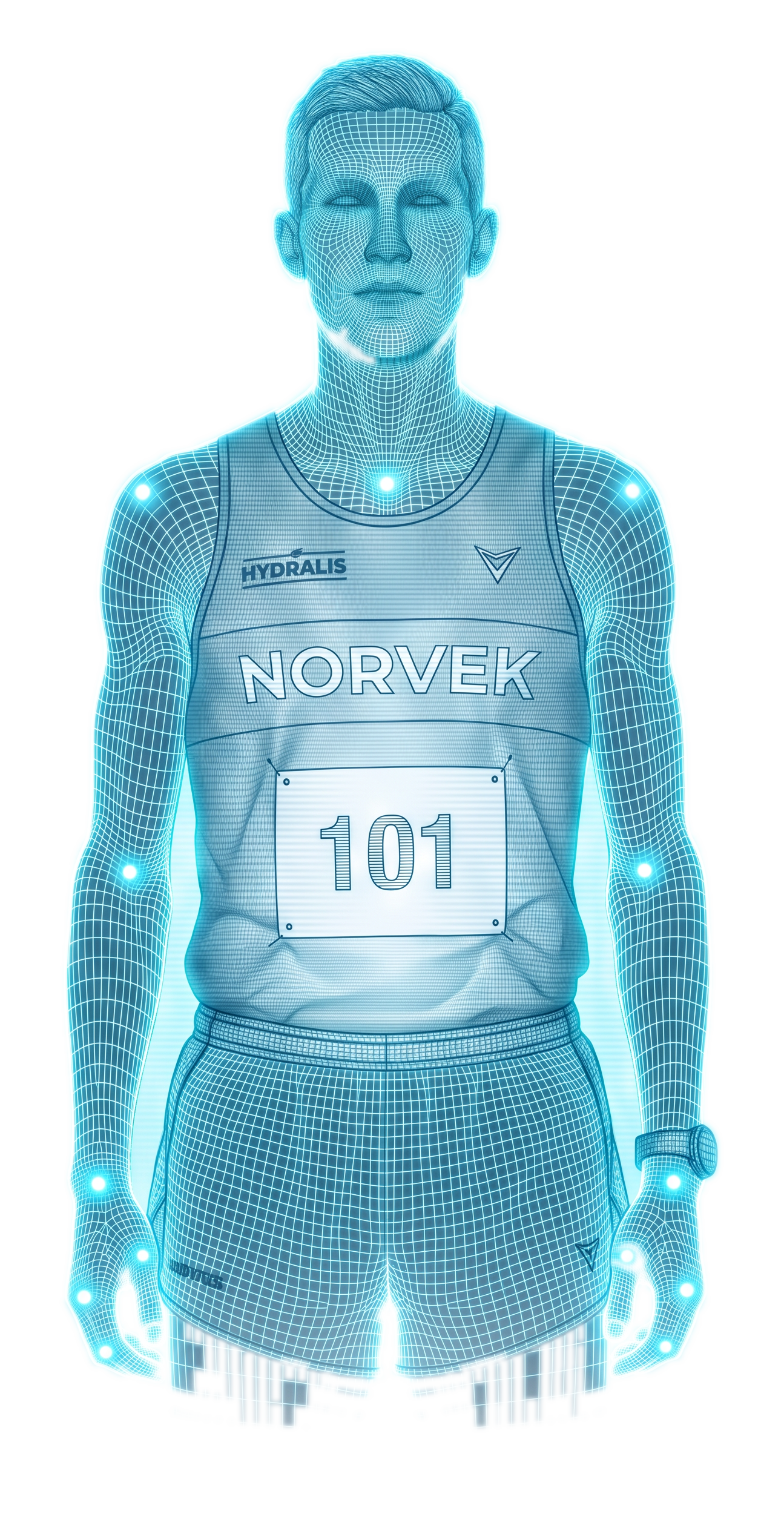 The same runner rendered as a digital twin, a glowing holographic wireframe of the same body