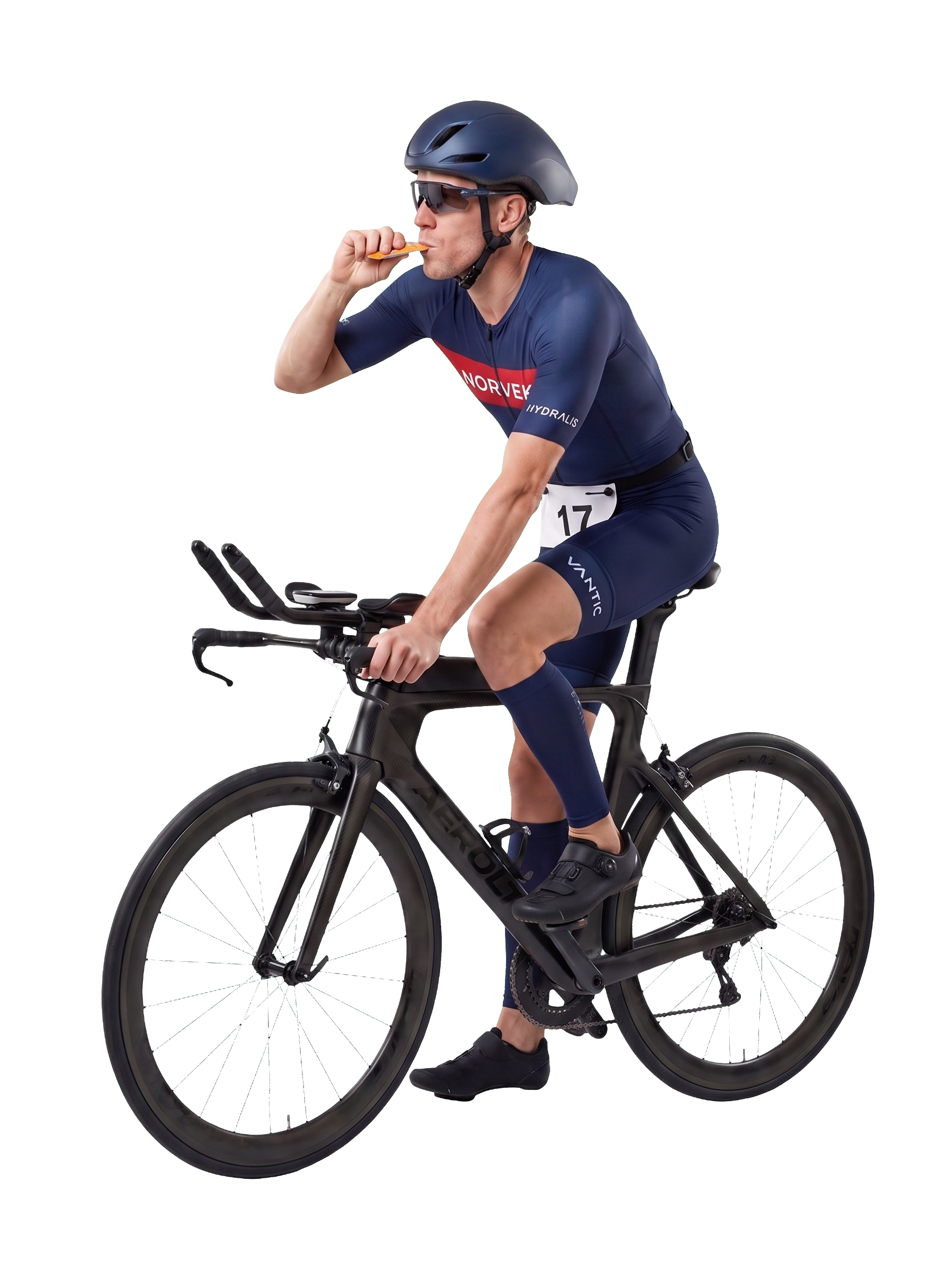 Triathlete taking an energy gel while riding his TT bike