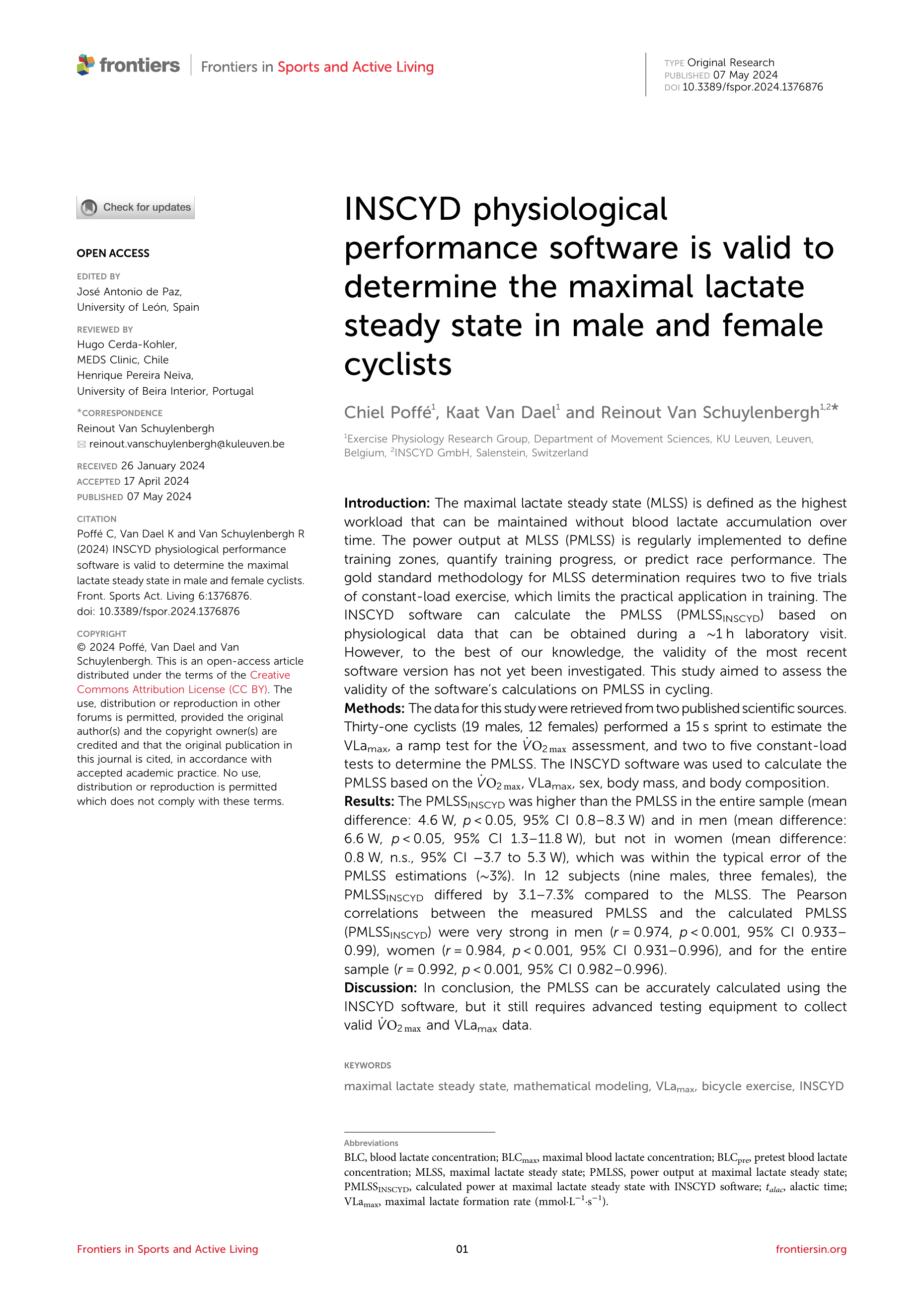 INSCYD physiological performance software is valid to determine the maximal lactate steady state