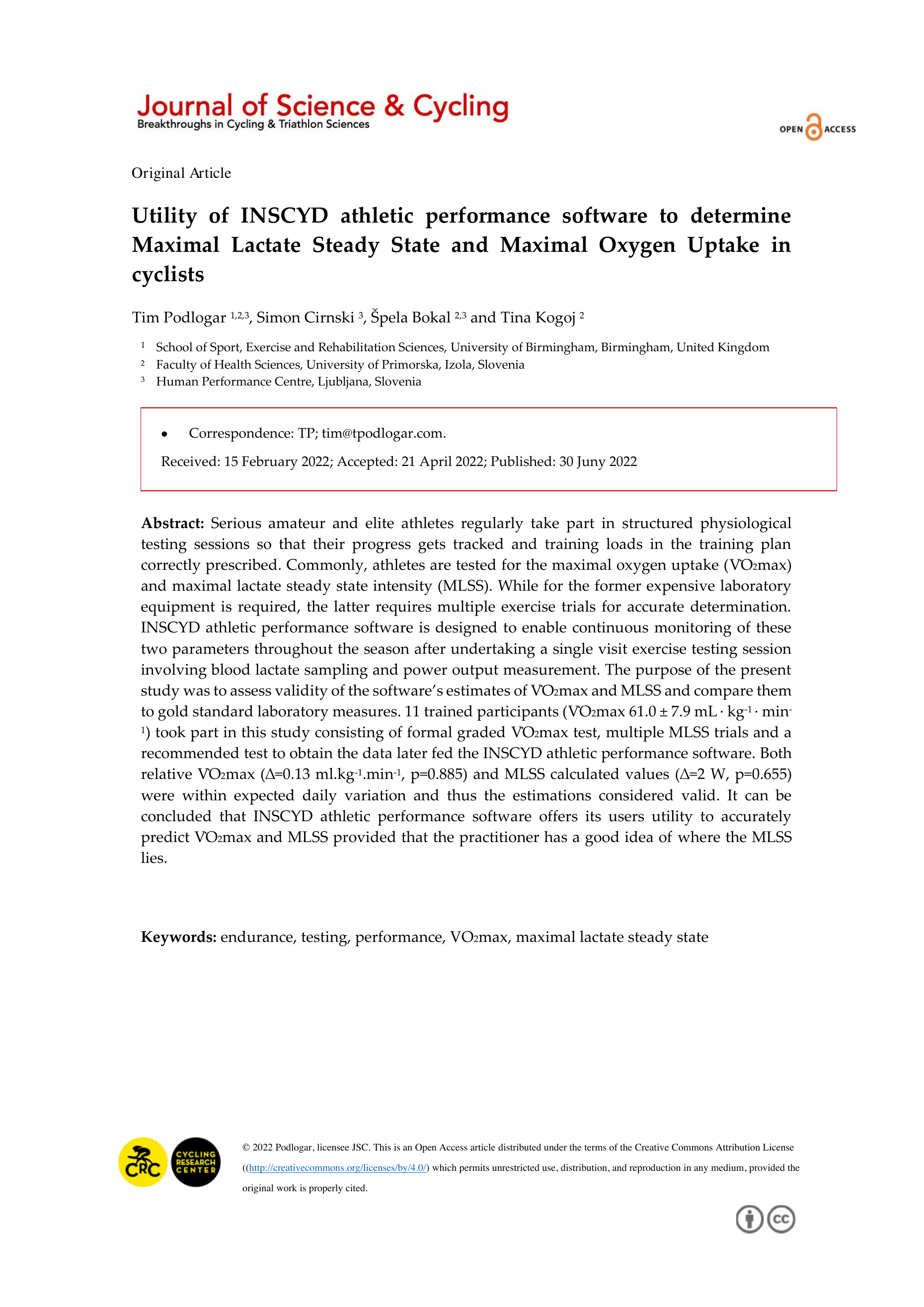 Utility of INSCYD athletic performance software to determine MLSS and VO2max in cyclists