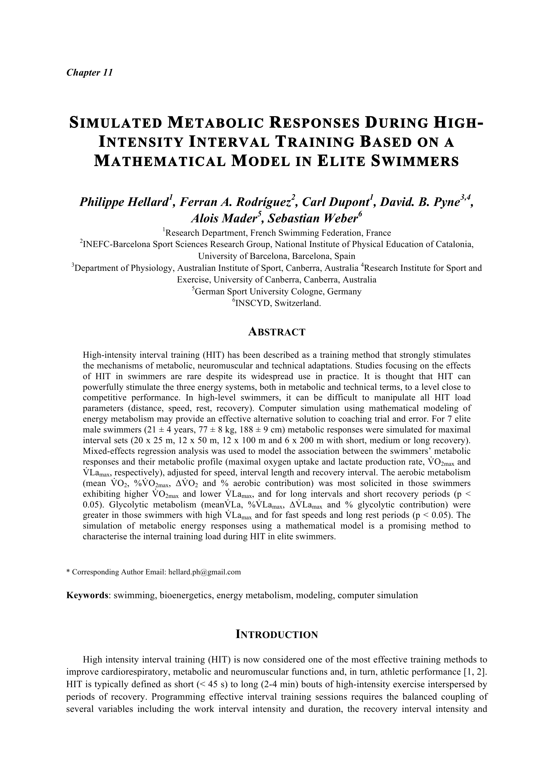 Simulated metabolic responses during high intensity interval training in elite swimmers
