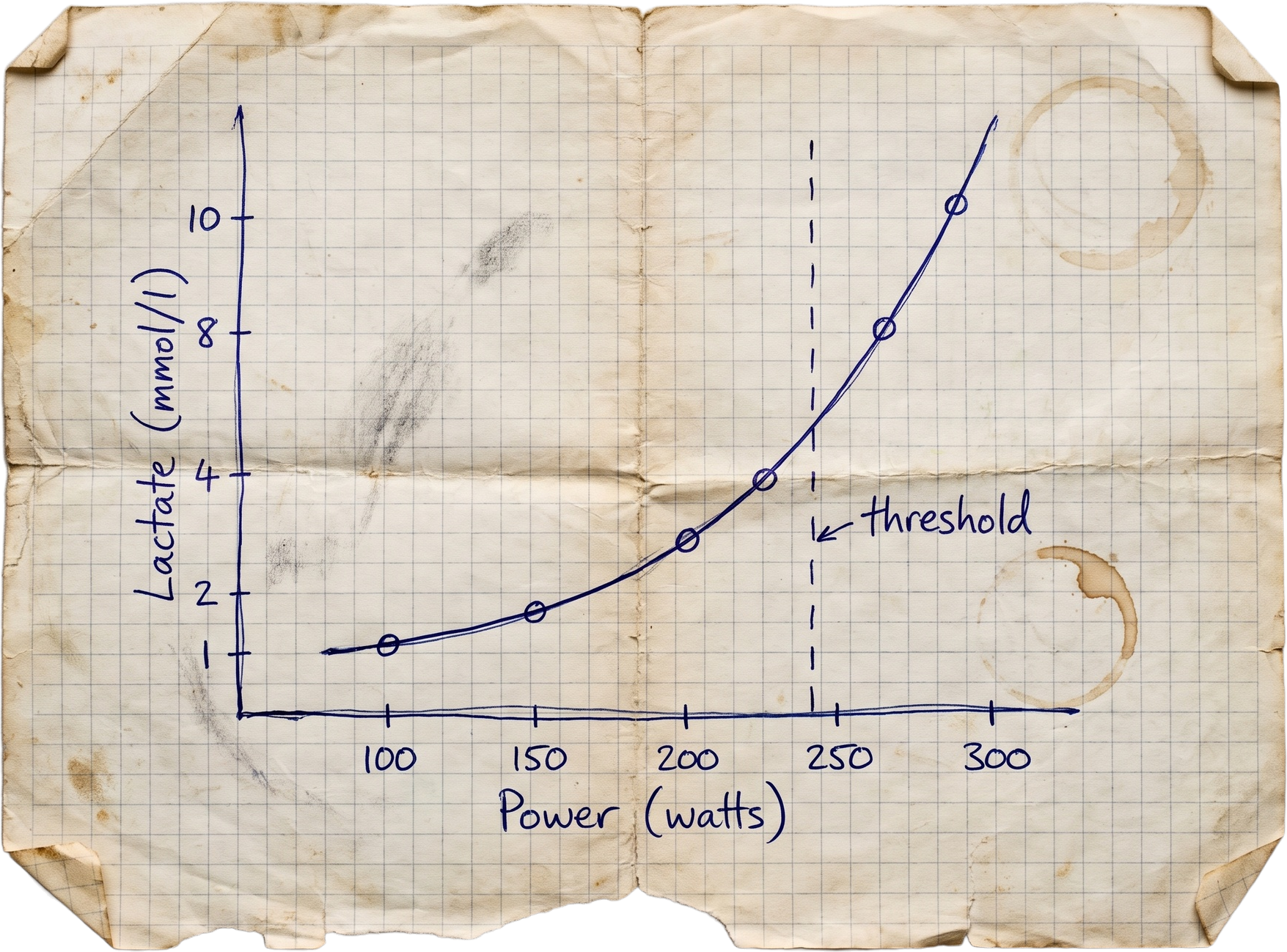 A hand-drawn lactate curve on old creased graph paper