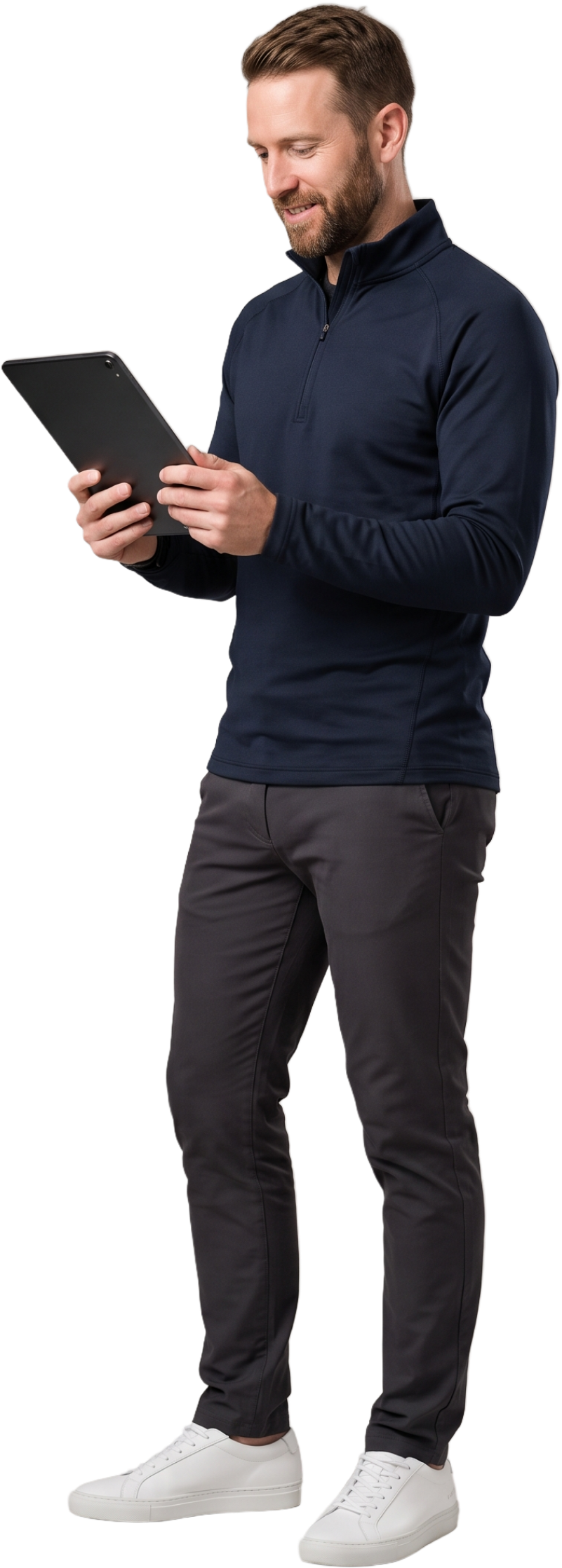 Coach reviewing his testing revenue on a tablet