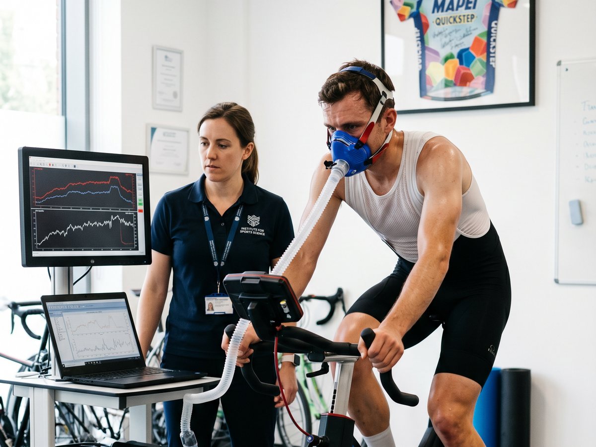 Sports scientist reading live gas-exchange data while a cyclist rides a ramp test wearing a VO2 mask in a human performance lab