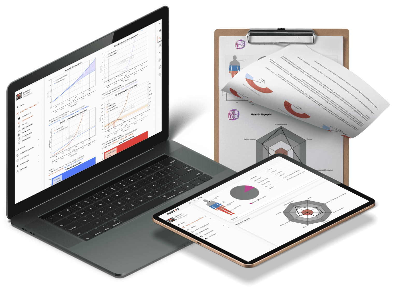 INSCYD reports on a laptop and tablet next to a printed custom-branded report