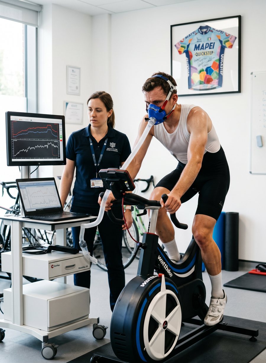 A conventional metabolic-cart test: athlete on a cycling ergometer wearing a metabolic mask connected to a gas analyzer