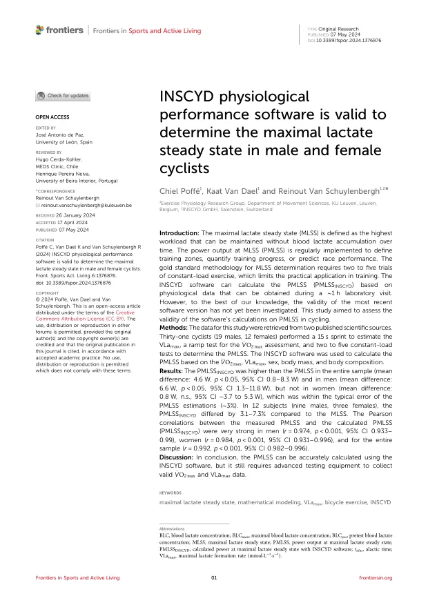 INSCYD maximal lactate steady state validation