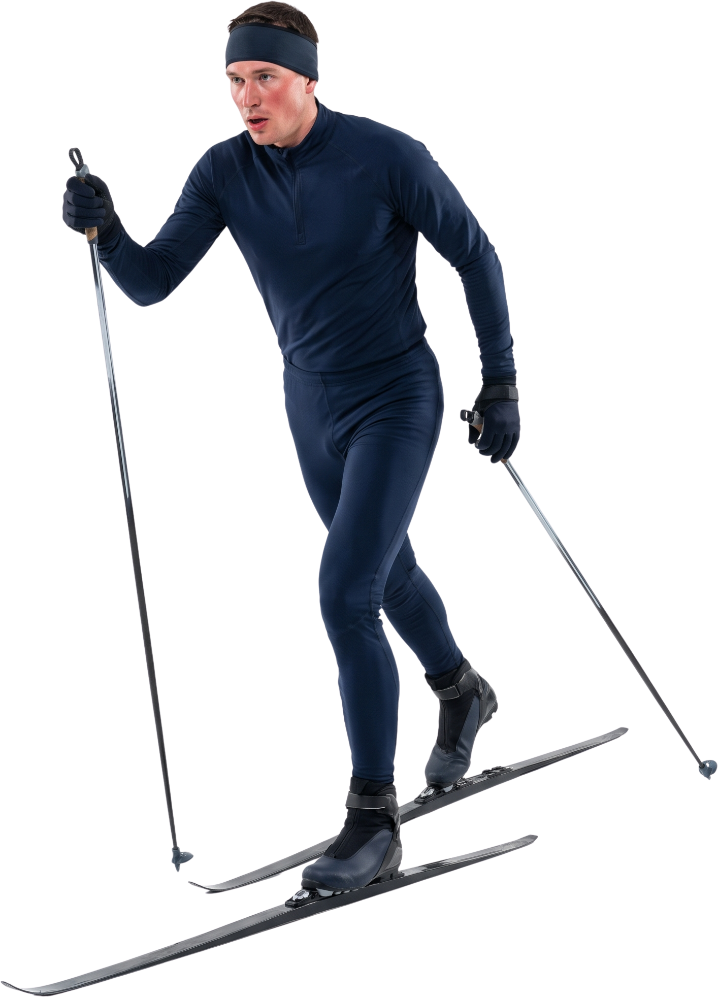Cross-country skier mid-stride in classic technique