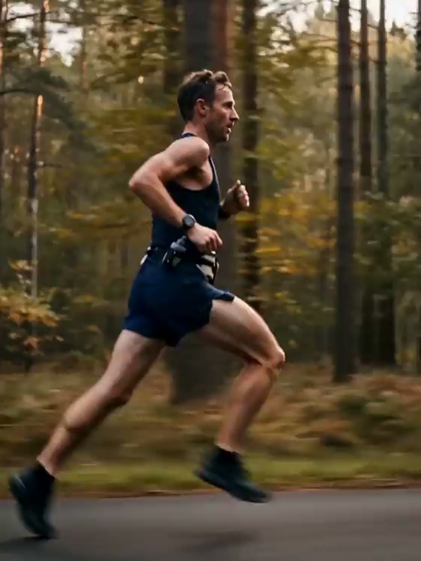 Runner testing alone on a forest path