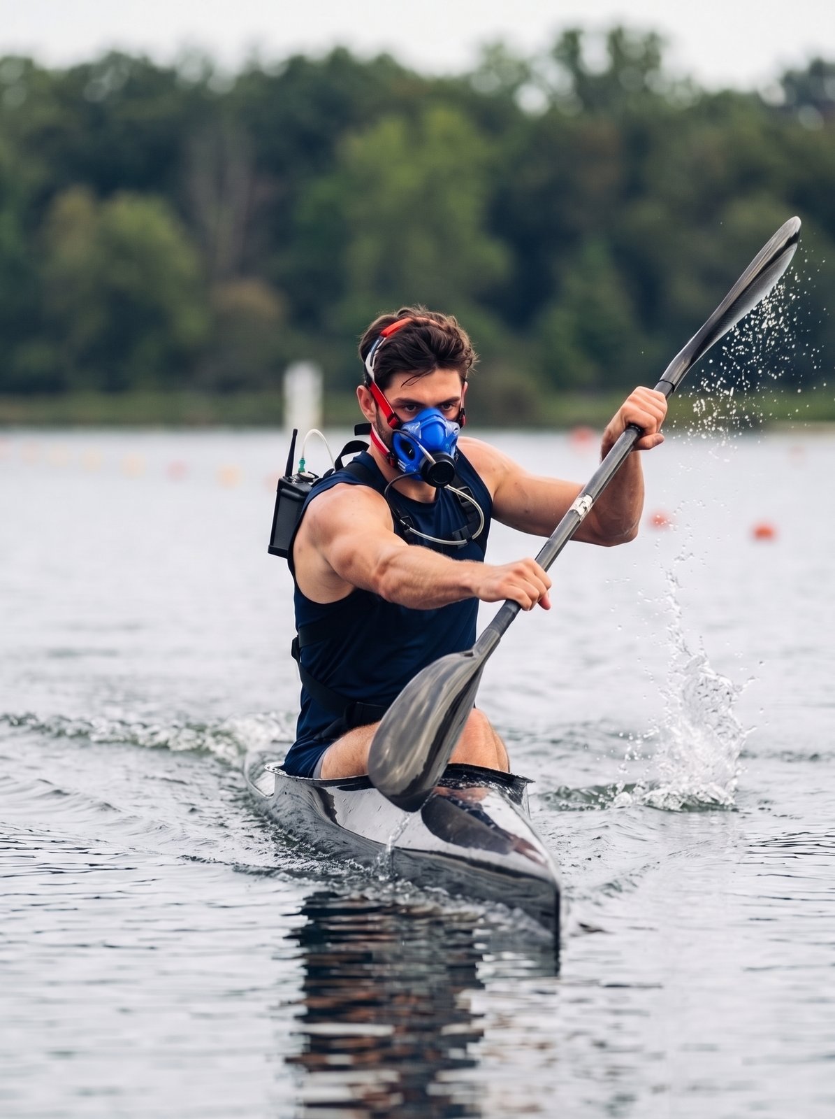 Sprint kayak athlete on the water wearing a VO2 mask and a portable analyzer