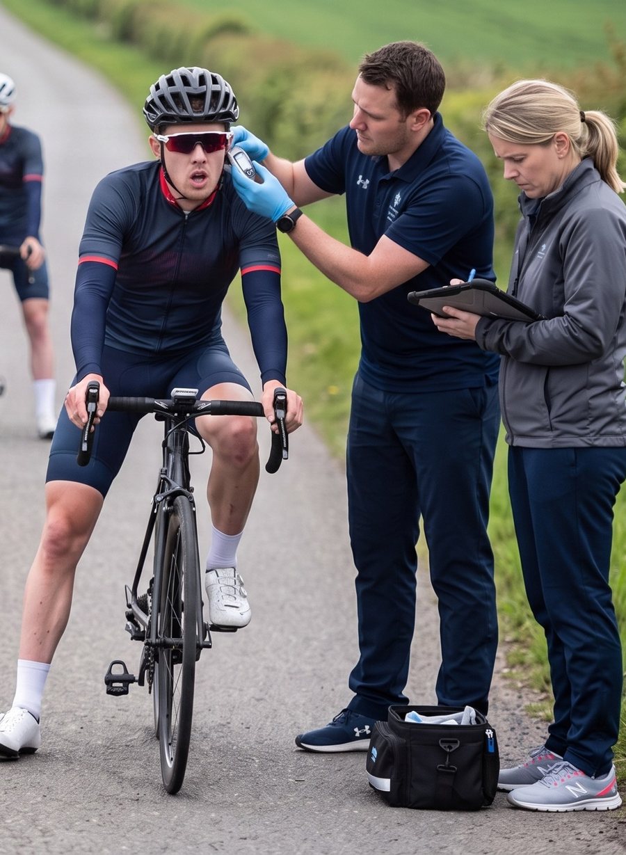 Sports scientists taking a blood lactate sample from a cyclist on a country road