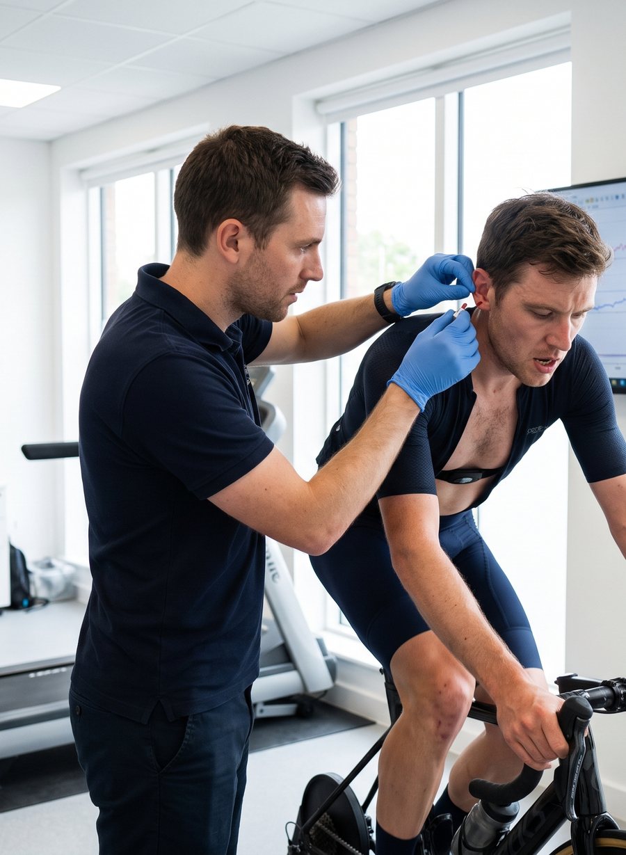 Lab technician taking an earlobe lactate sample from a cyclist on an ergometer