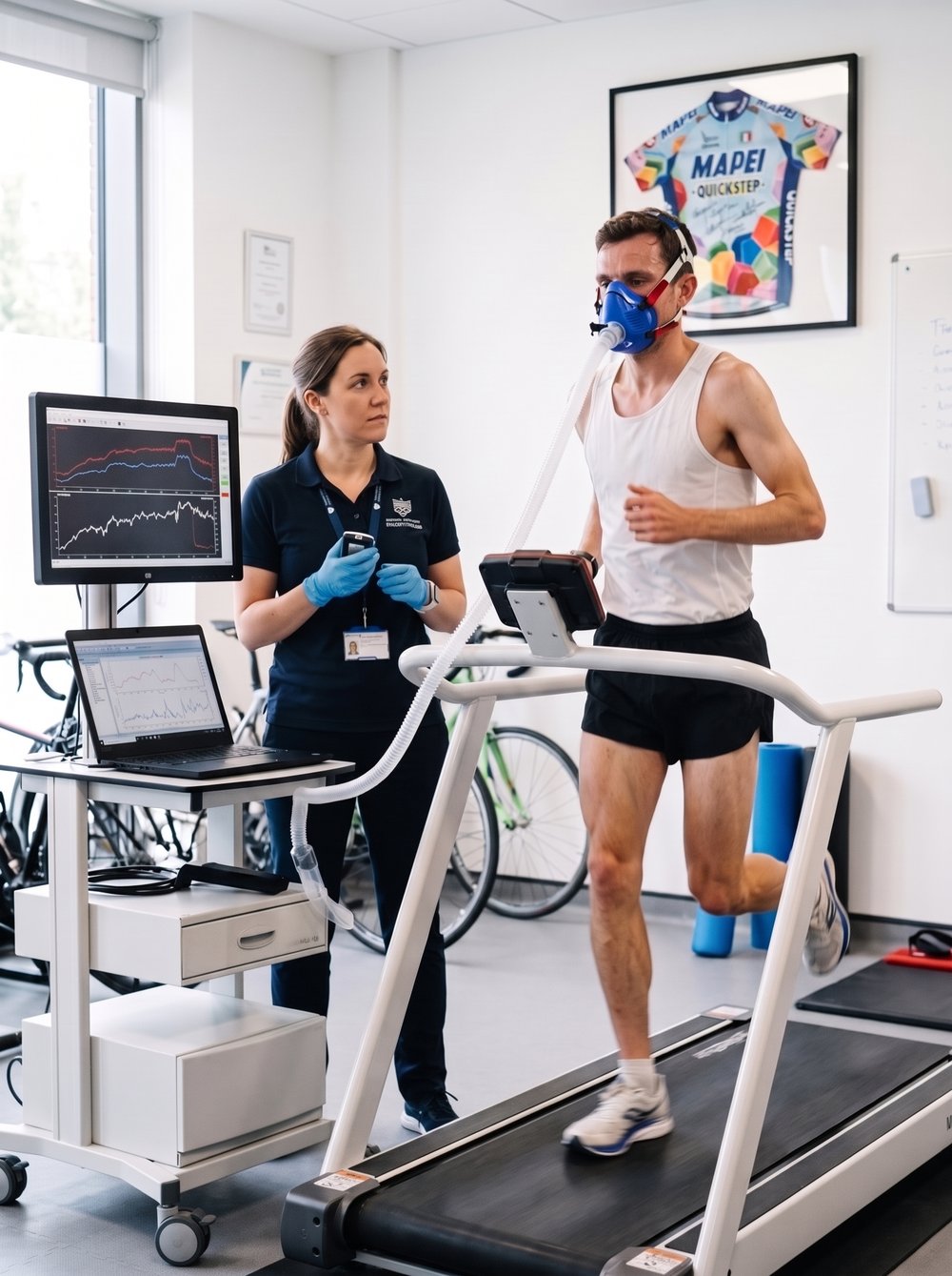 Runner on a lab treadmill wearing a mask connected to a metabolic cart while a sports scientist prepares a lactate sample