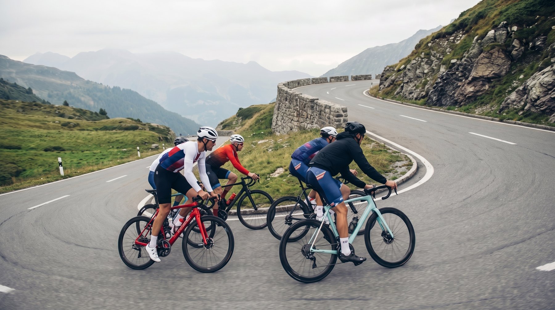 Cycling team riding up a mountain pass together during a team test