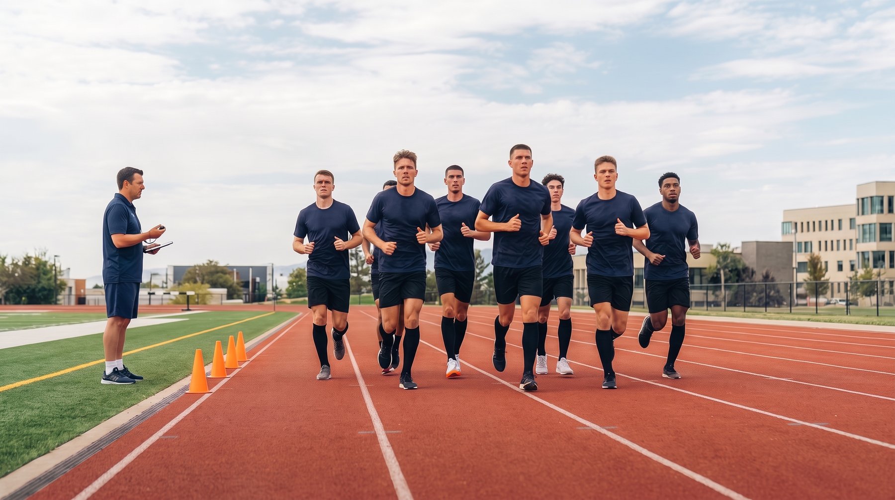 Football squad running together on a 400 metre track while a coach times them