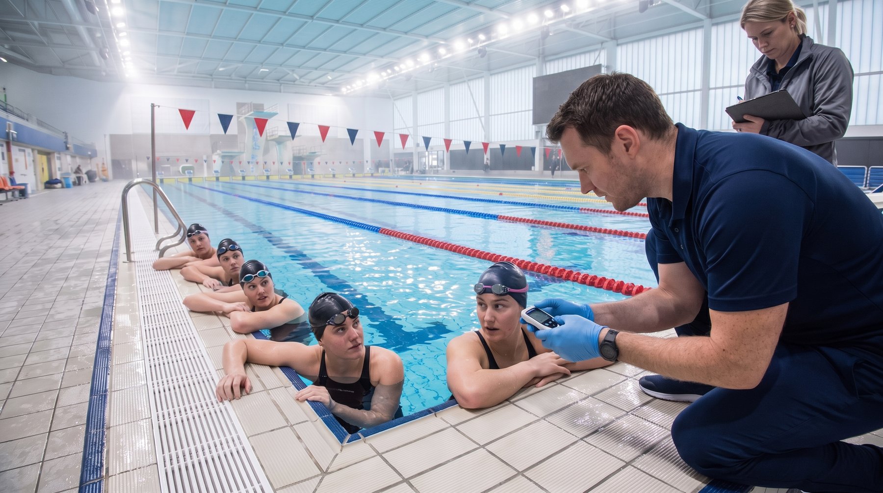 Swimming squad at the pool wall while a coach takes a lactate sample