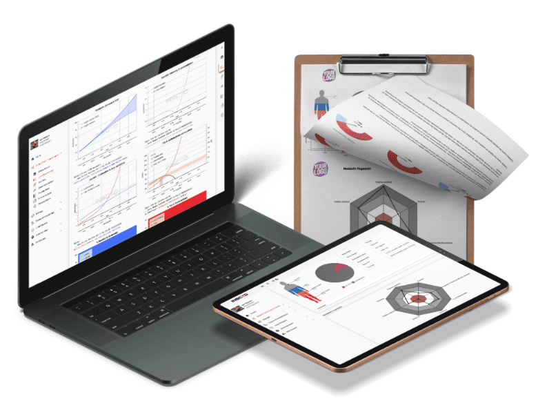 INSCYD results on a laptop, a tablet and a printed report on a clipboard
