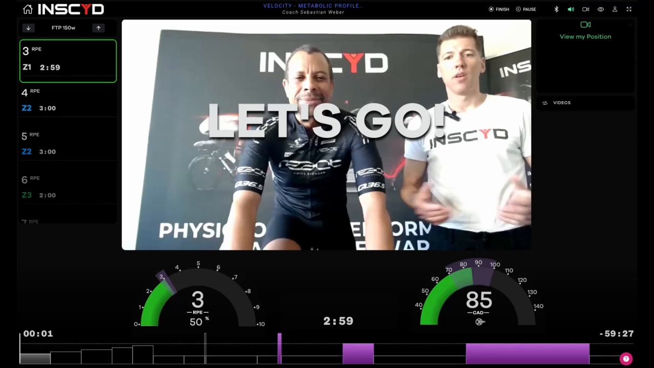 Guided Velocity test session screen with coach video and step list