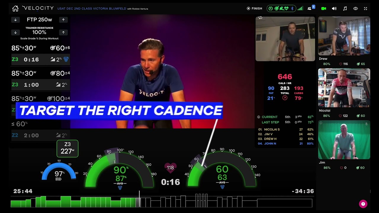 Velocity indoor group training session with live rider metrics