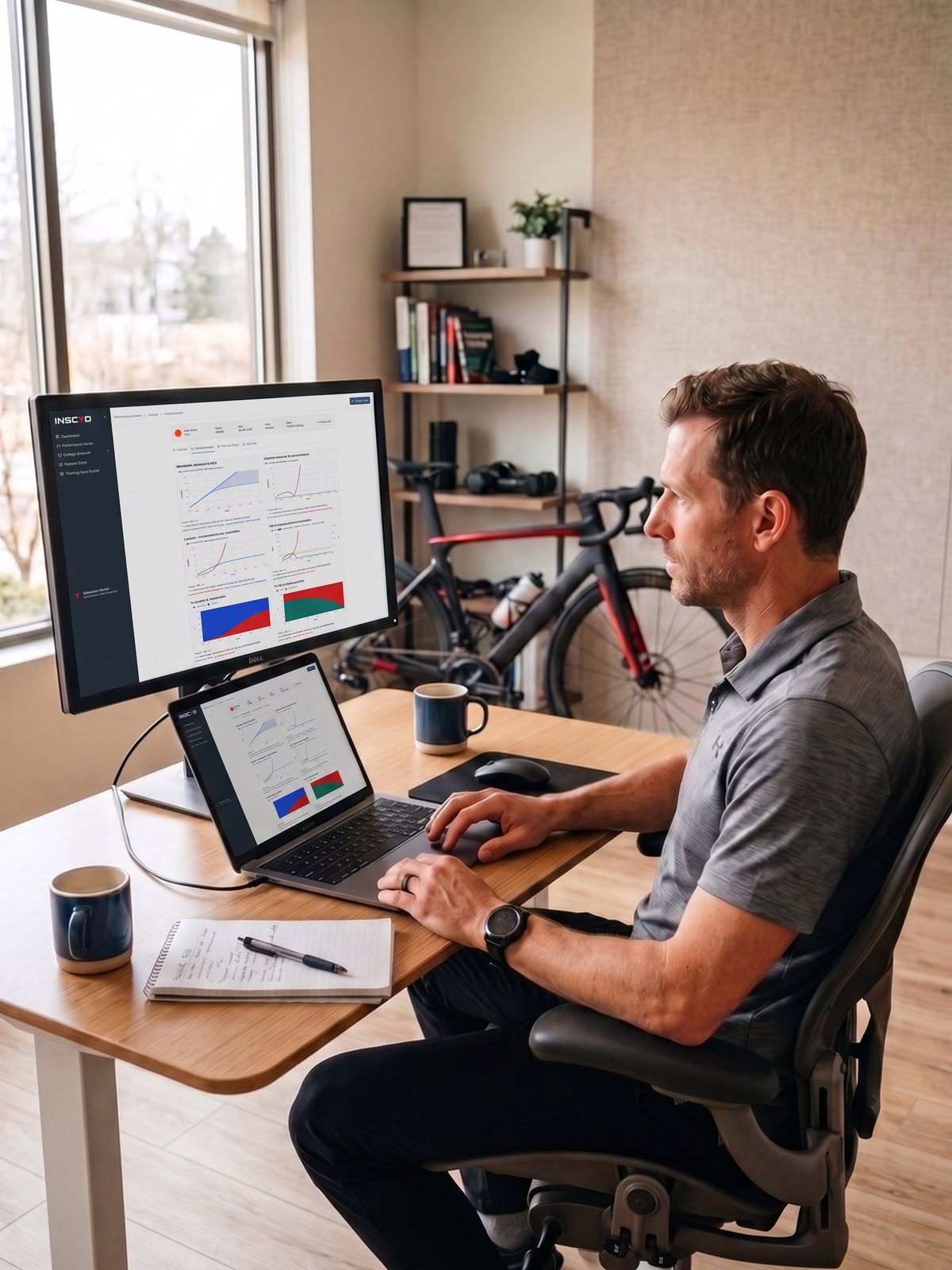 Endurance coach reviewing INSCYD metabolic charts on his monitors