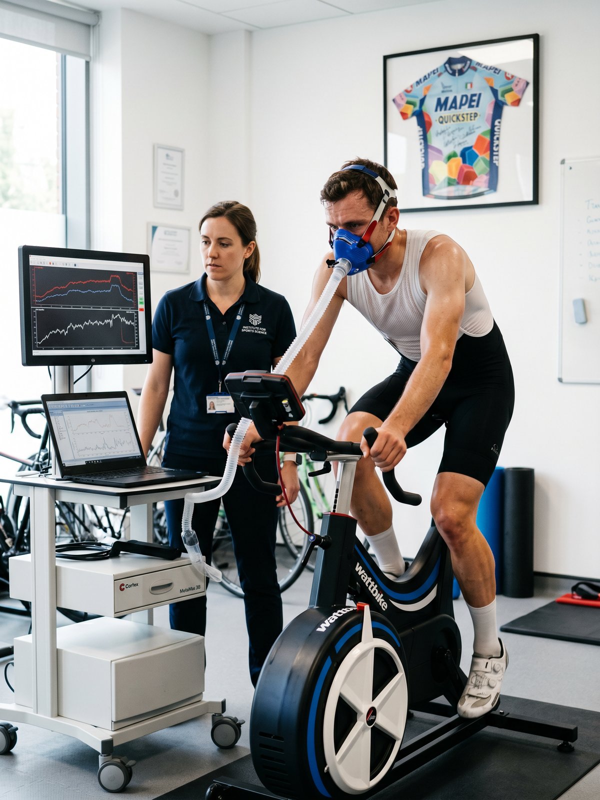 Cyclist in a VO2 mask on an ergometer during a lab performance test
